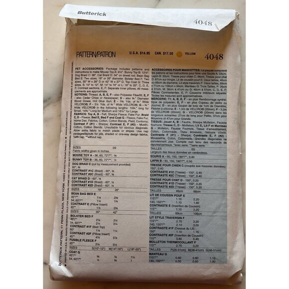 Butterick 2003 Sewing Pattern #4048 Pet Cat Dog Bed Mouse Bunny Toy Braid Uncut - Picture 2 of 3